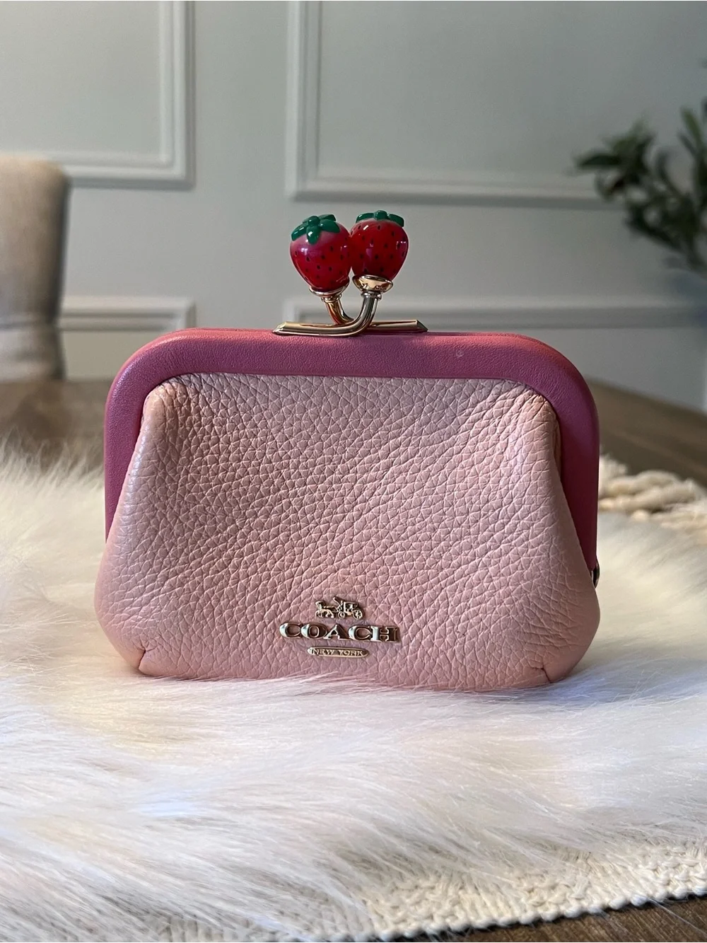 Coach HTF Light Pink Nora Strawberry Kisslock Coin/Card Wallet Pouch